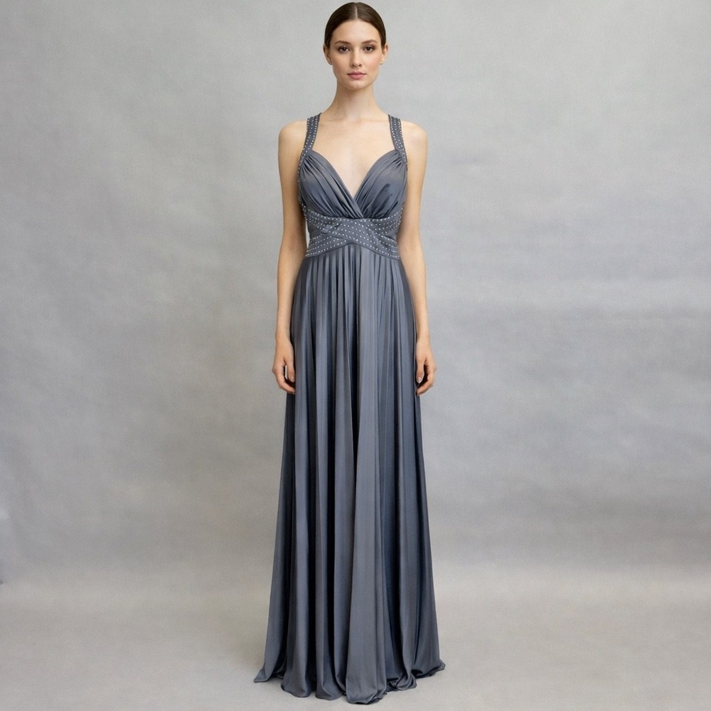 Cache Womens Gray Beaded Halter Neck Empire Waist Pleated Gown‎ Dress Size 12